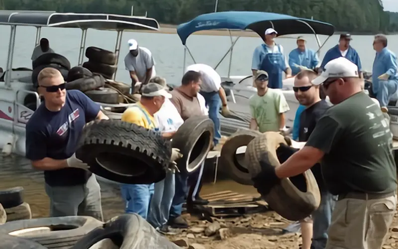 Volunteers unloading tires from boat